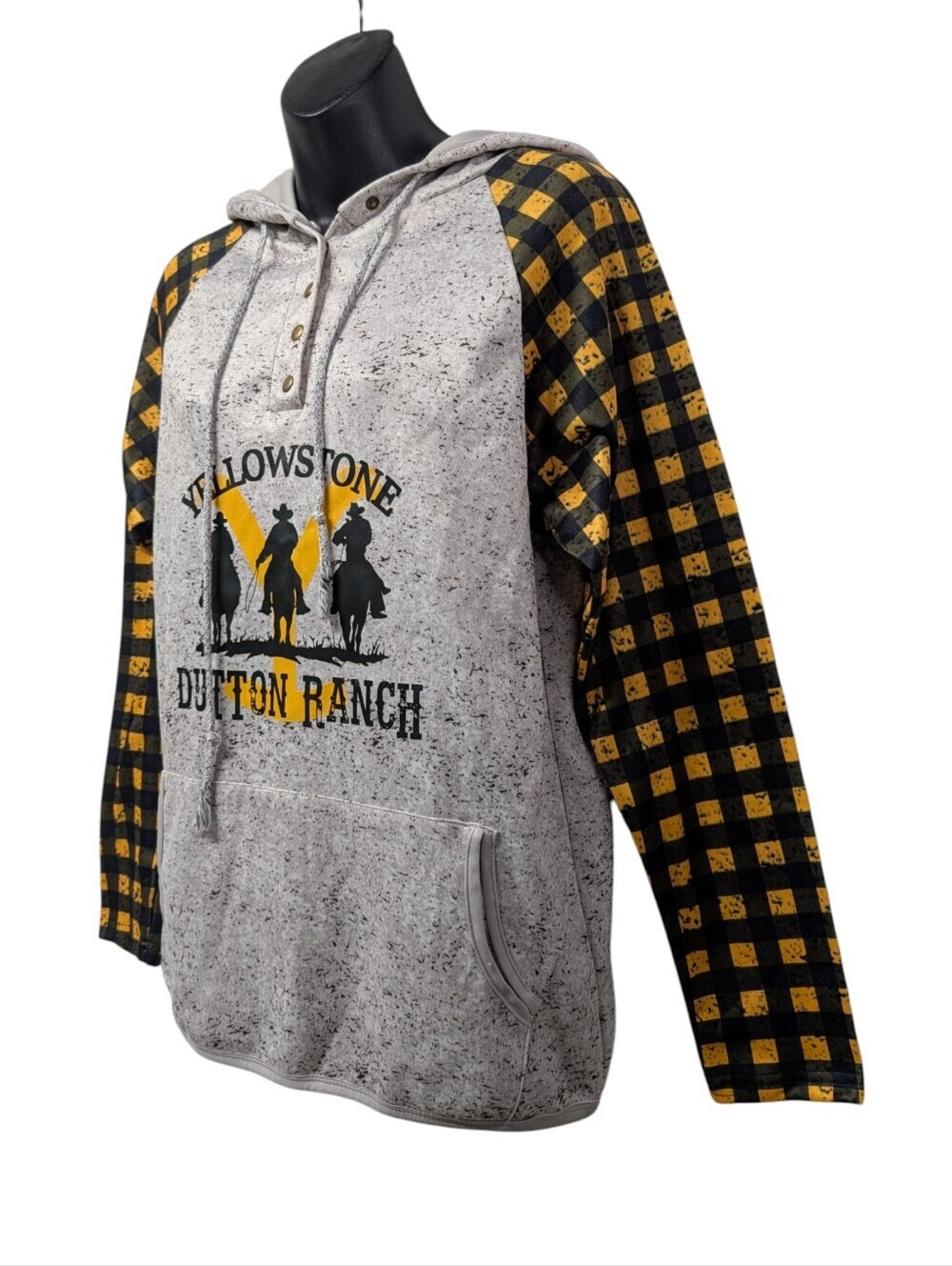 Yellowstone Dutton Ranch Hoodie Small Plaid Sleeve Gray Henley Pullover - Picture 3 of 6